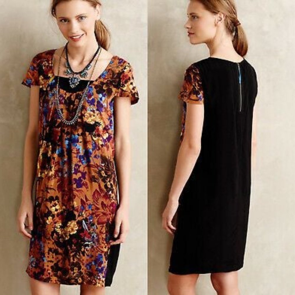 Anthropologie | Maeve Pintura Silk Shift Dress in Floral, Pleated Front, XS